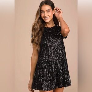 Lulus Taking a Shine Black Sequin Tiered Mini Shift Dress